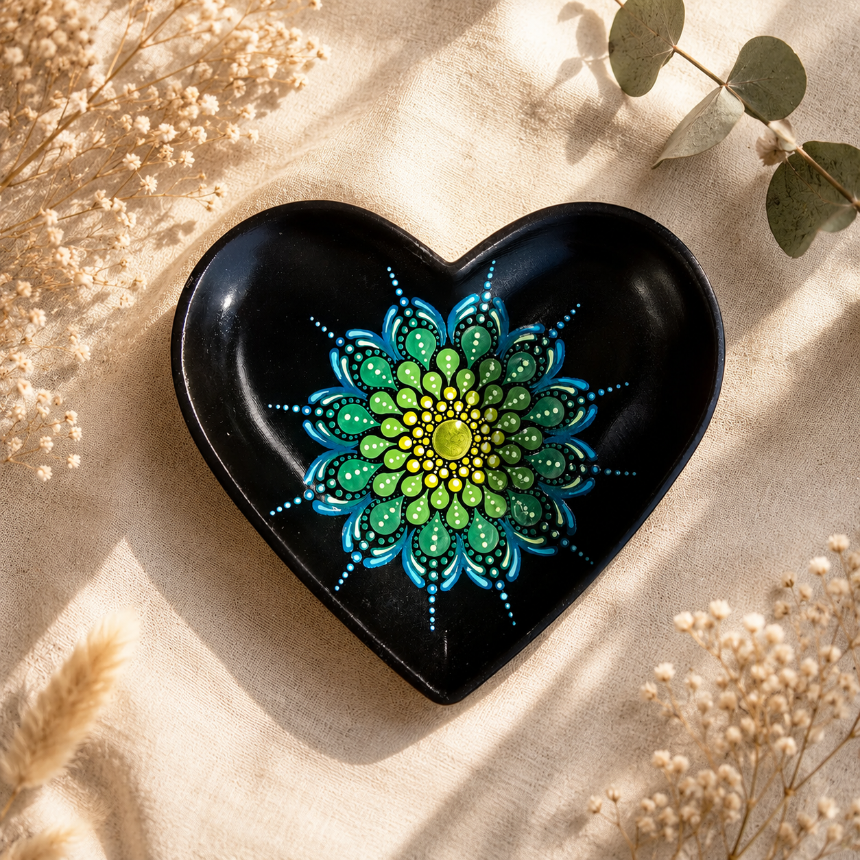 Coupelle à bijoux noire mandala bronze, bleu & vert en pointillisme