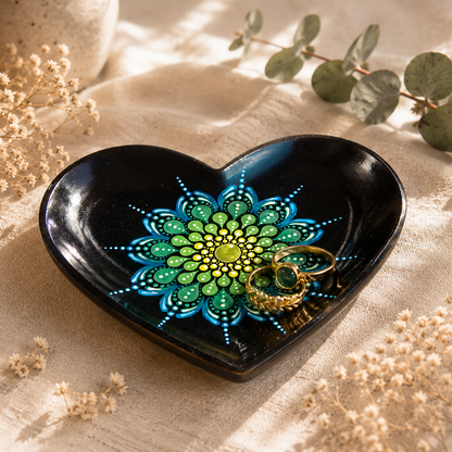 Coupelle à bijoux noire mandala bronze, bleu & vert en pointillisme