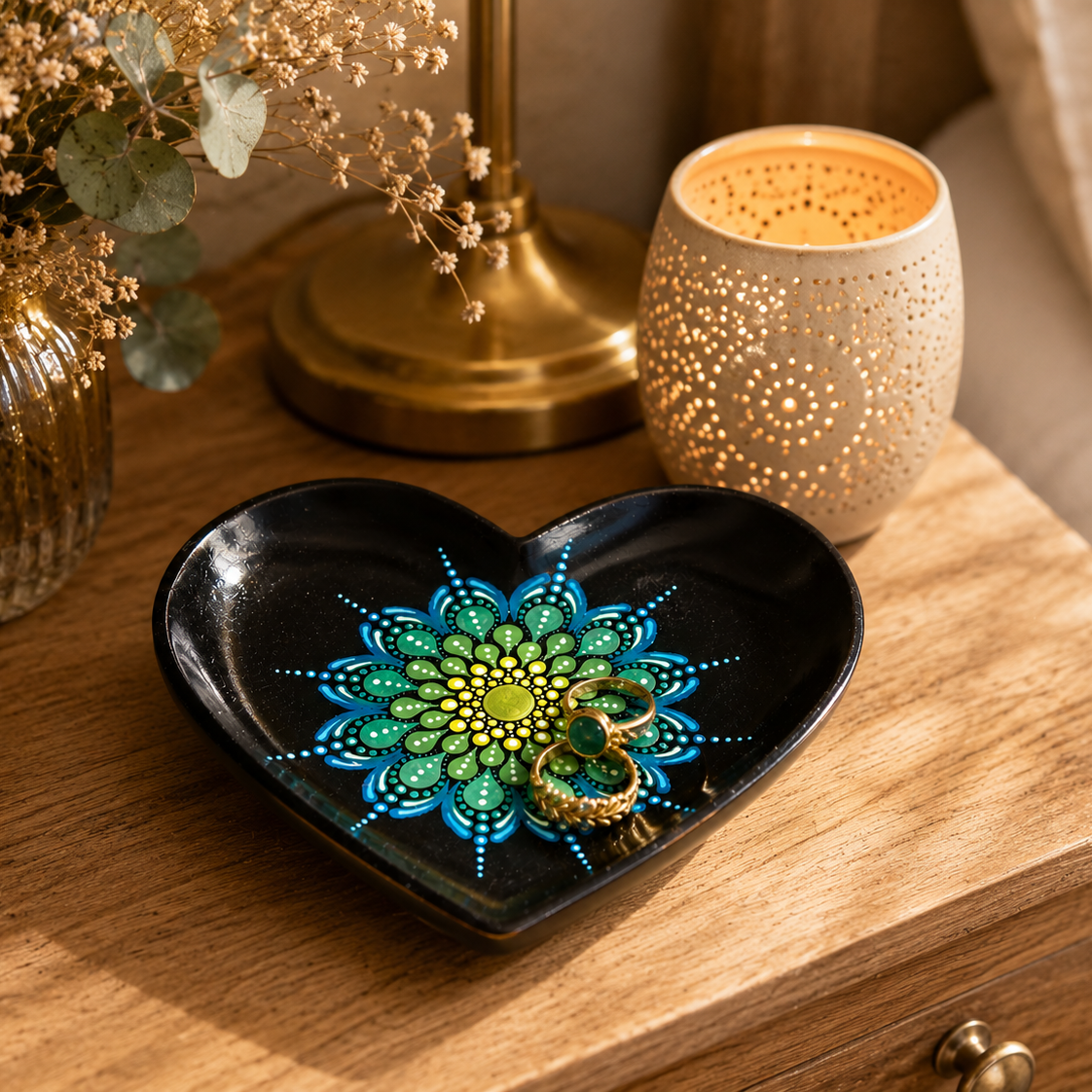 Coupelle à bijoux noire mandala bronze, bleu & vert en pointillisme