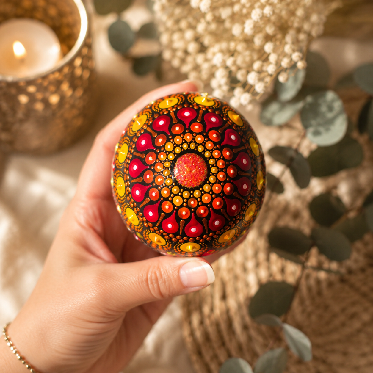 Œuf décoratif – Pointillisme rose, jaune et orange pailleté