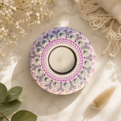 Bougeoir rond mandala blanc, gris et rose en pointillisme