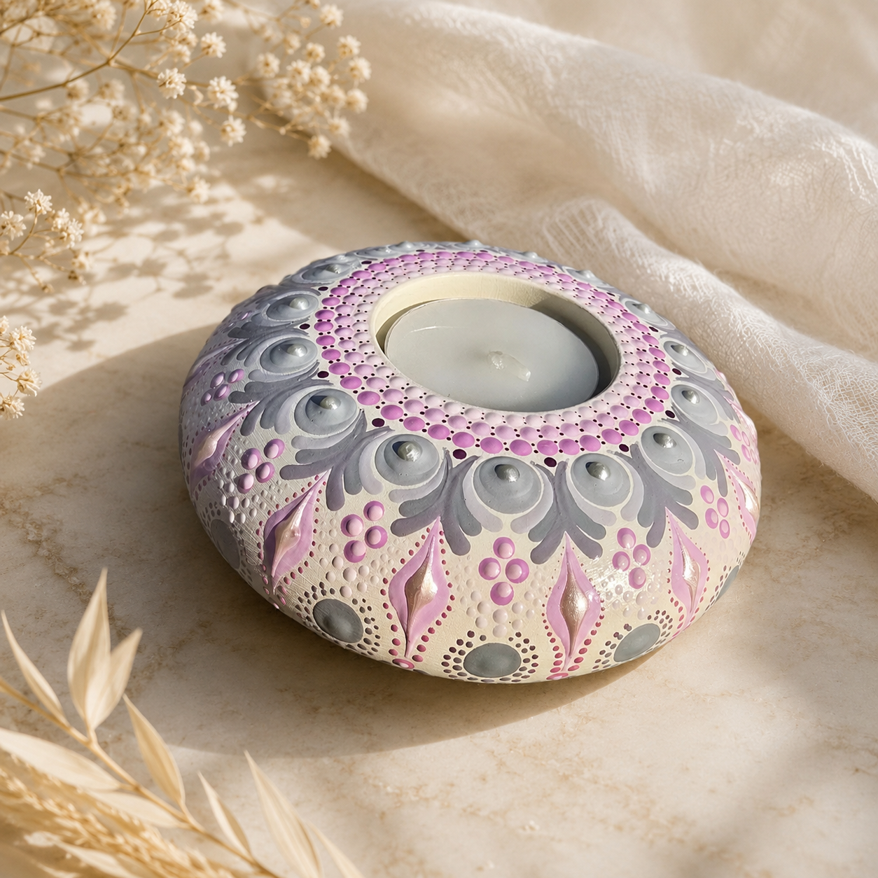 Bougeoir rond mandala blanc, gris et rose en pointillisme