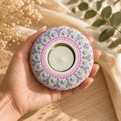 Bougeoir rond mandala blanc, gris et rose en pointillisme