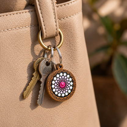 Porte-clés bois mandala fuchsia/doré peint à la main