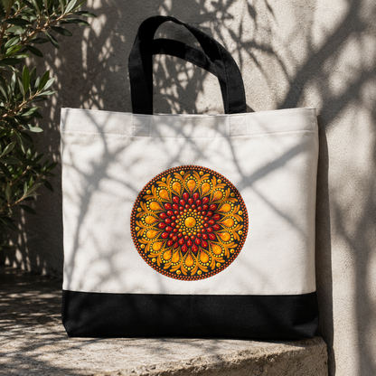 Sac fourre-tout en coton blanc mandala imprimé orange ou bleu | Création artisanale