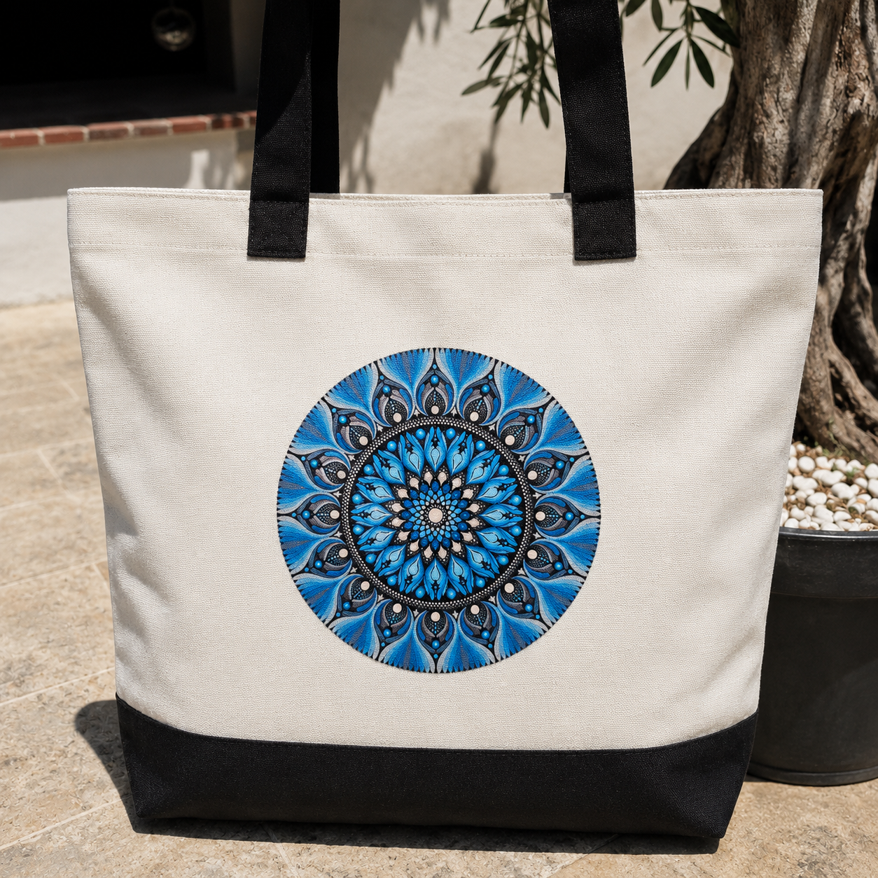 Sac fourre-tout en coton blanc mandala imprimé orange ou bleu | Création artisanale