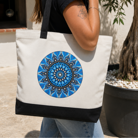 Sac fourre-tout en coton blanc mandala imprimé orange ou bleu | Création artisanale