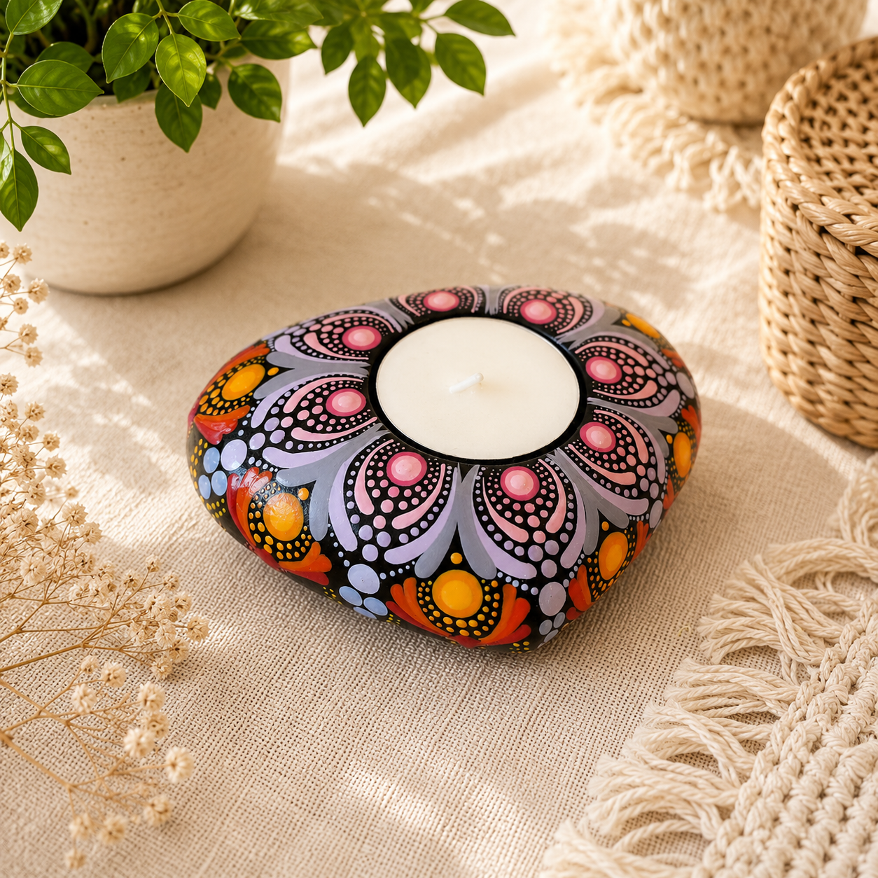 Bougeoir cœur mandala orange, rose et mauve