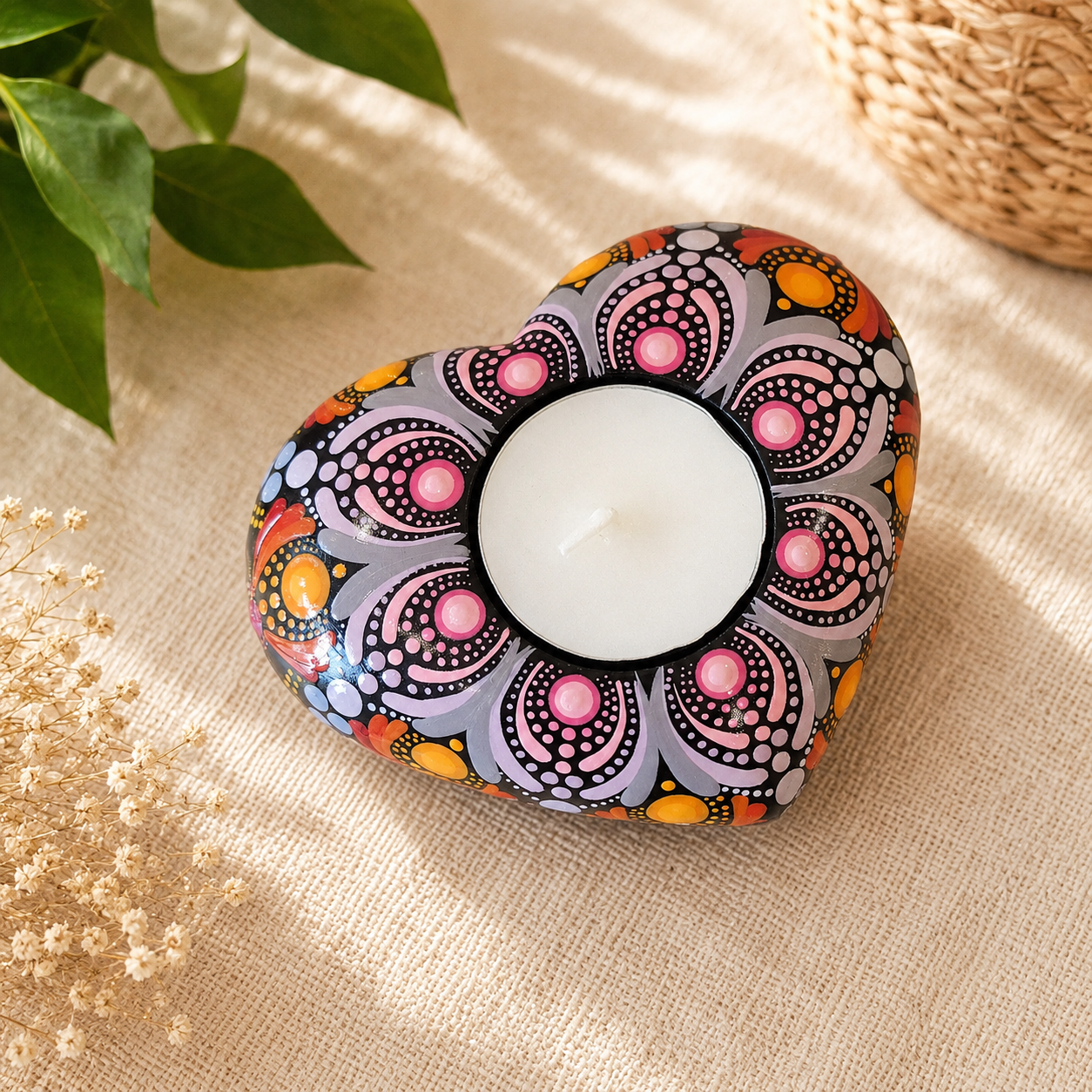 Bougeoir cœur mandala orange, rose et mauve