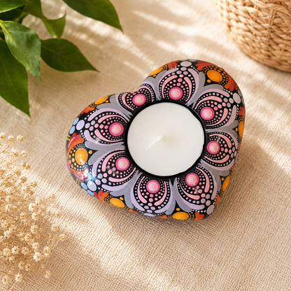 Bougeoir cœur mandala orange, rose et mauve