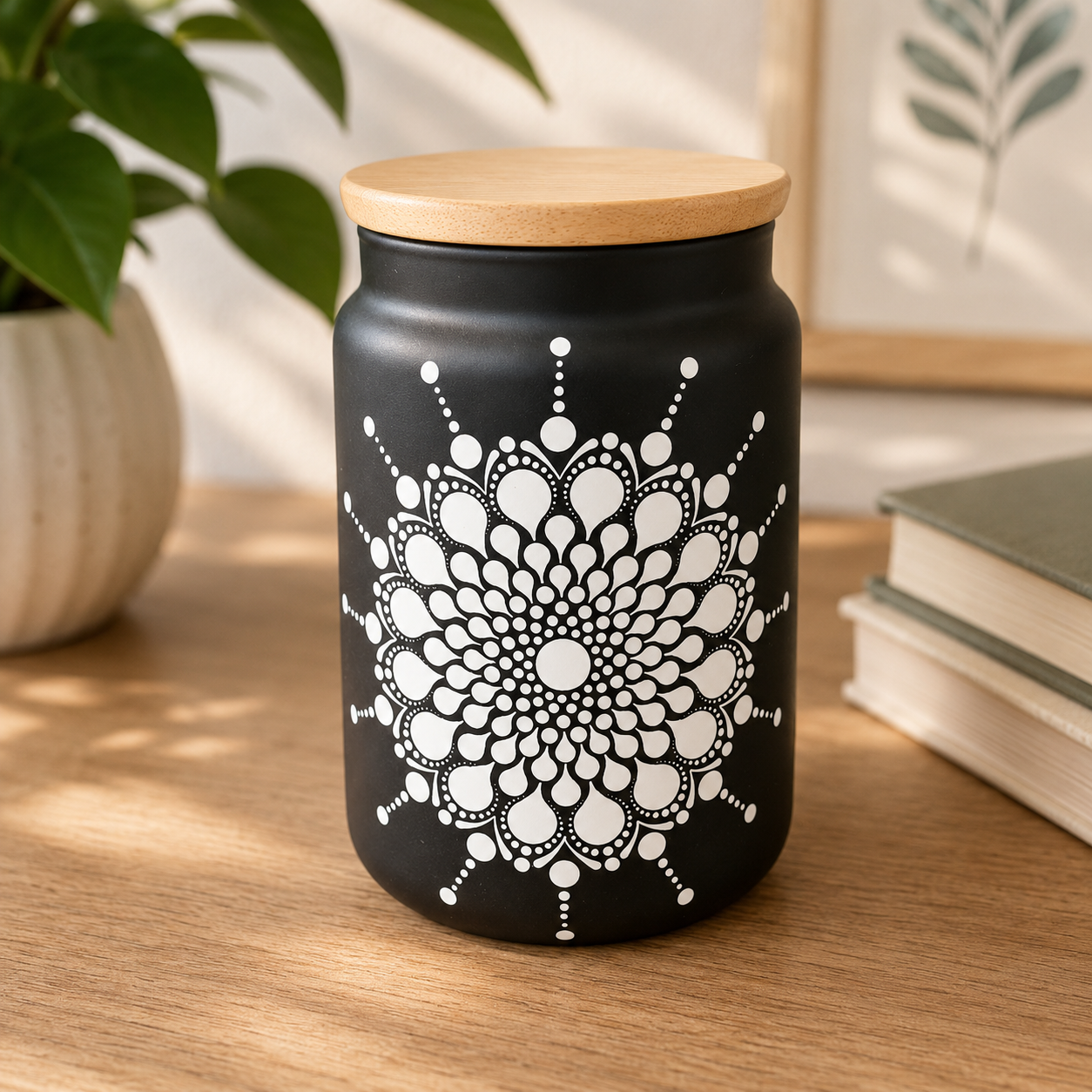 Bocal en verre noir – Mandala blanc