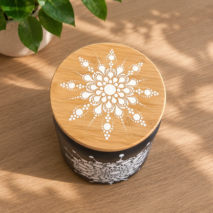 Bocal en verre noir – Mandala blanc