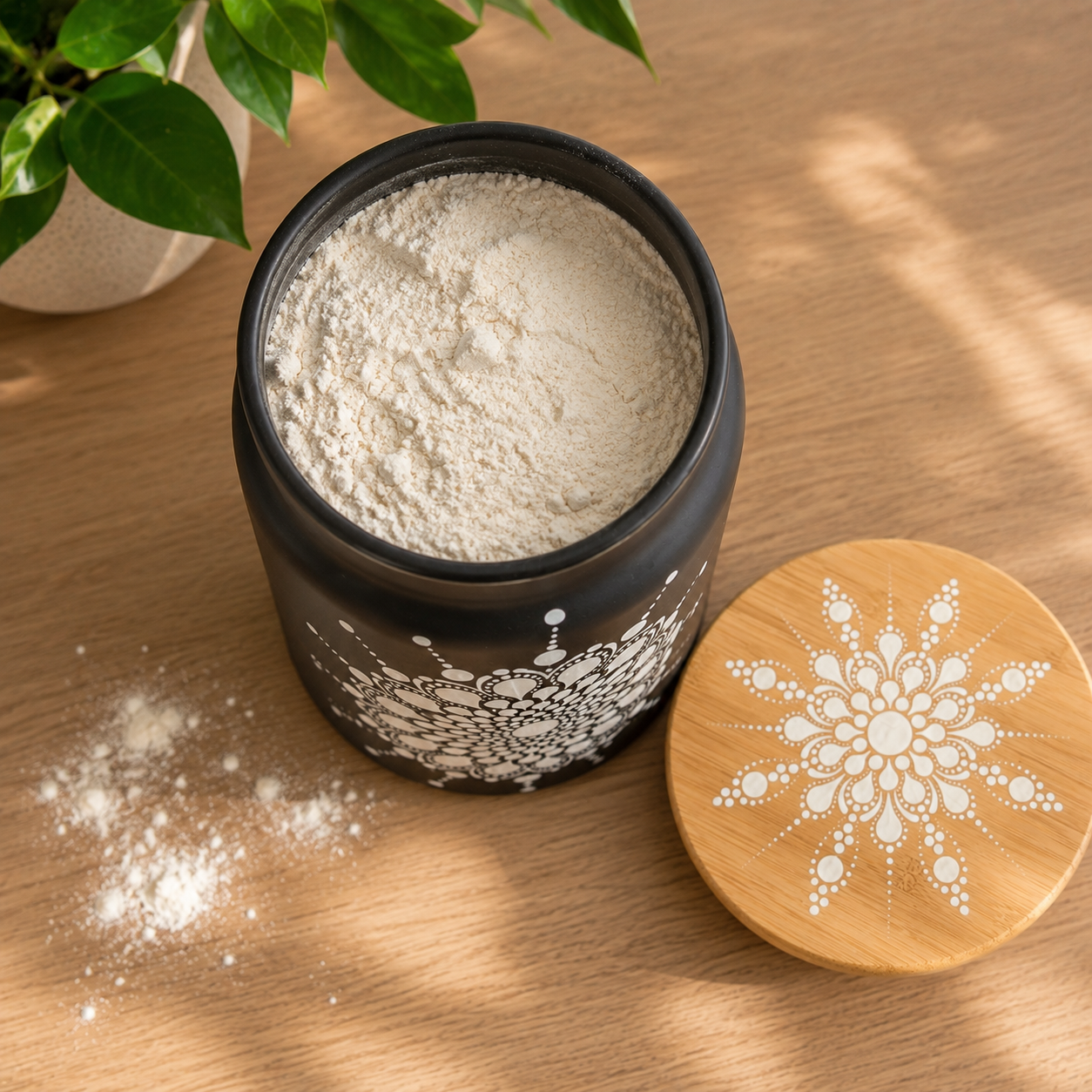 Bocal en verre noir – Mandala blanc