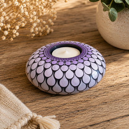 Bougeoir rond mandala mauve en pointillisme
