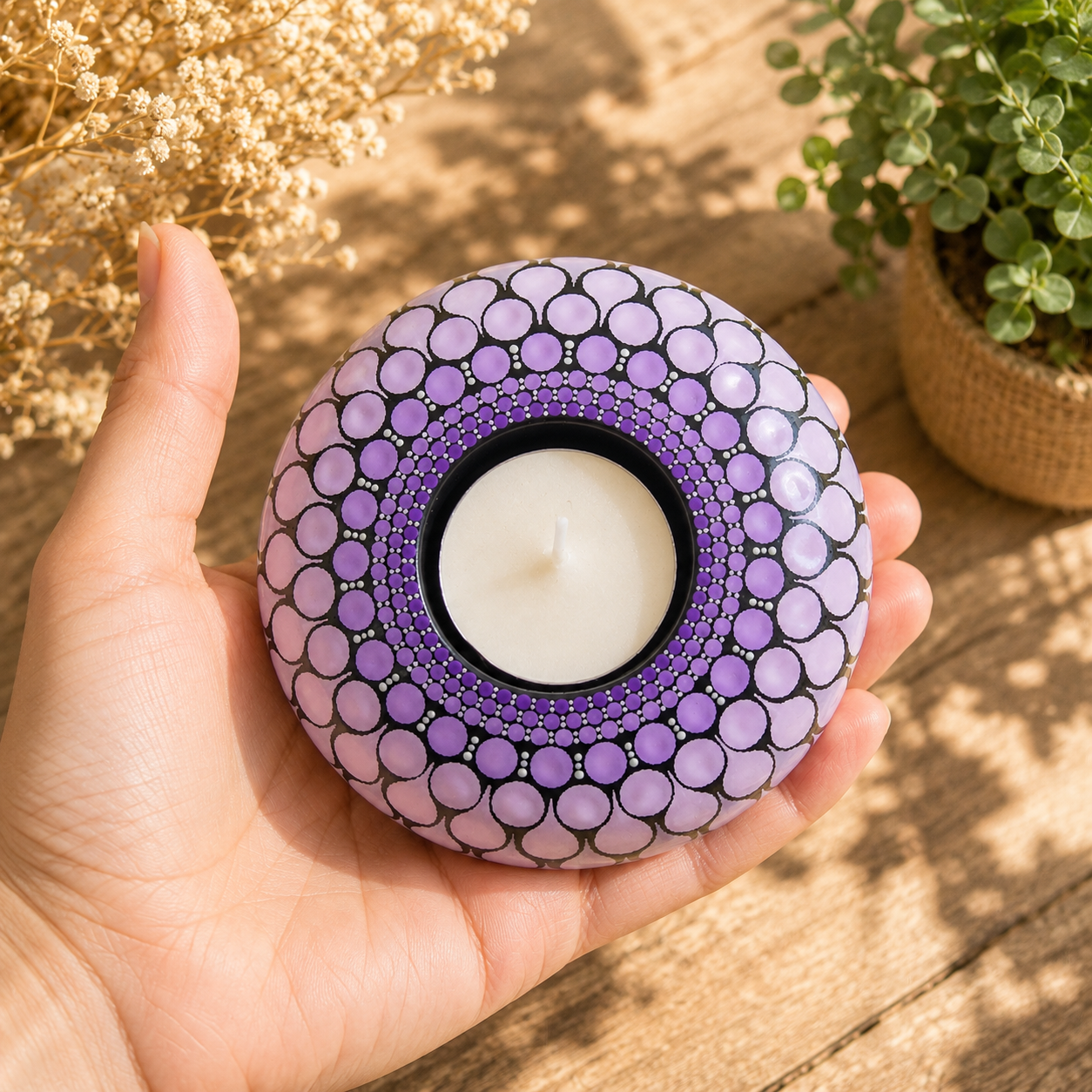 Bougeoir rond mandala mauve en pointillisme