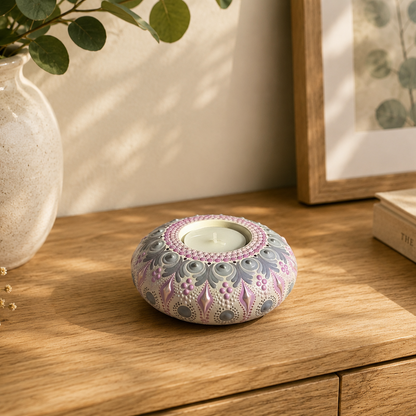 Bougeoir rond mandala blanc, gris et rose en pointillisme