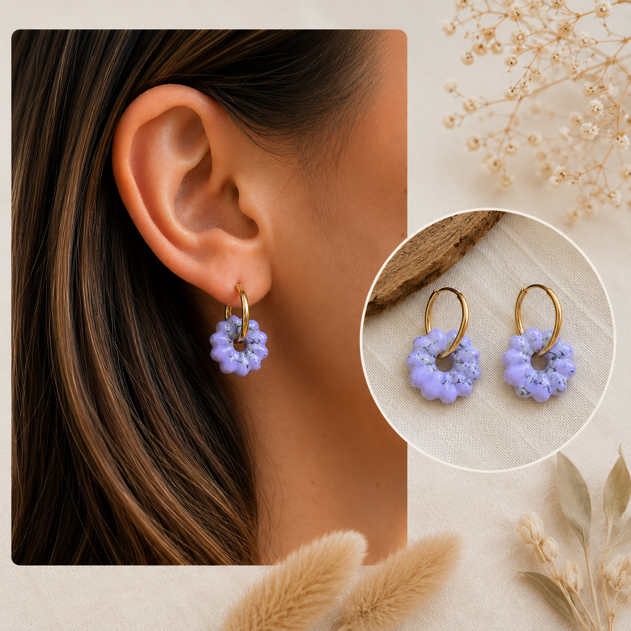Pampilles artisanales en argile polymère – Forme rectangle et fleur – Marbré violet, gris et blanc – Pour créoles