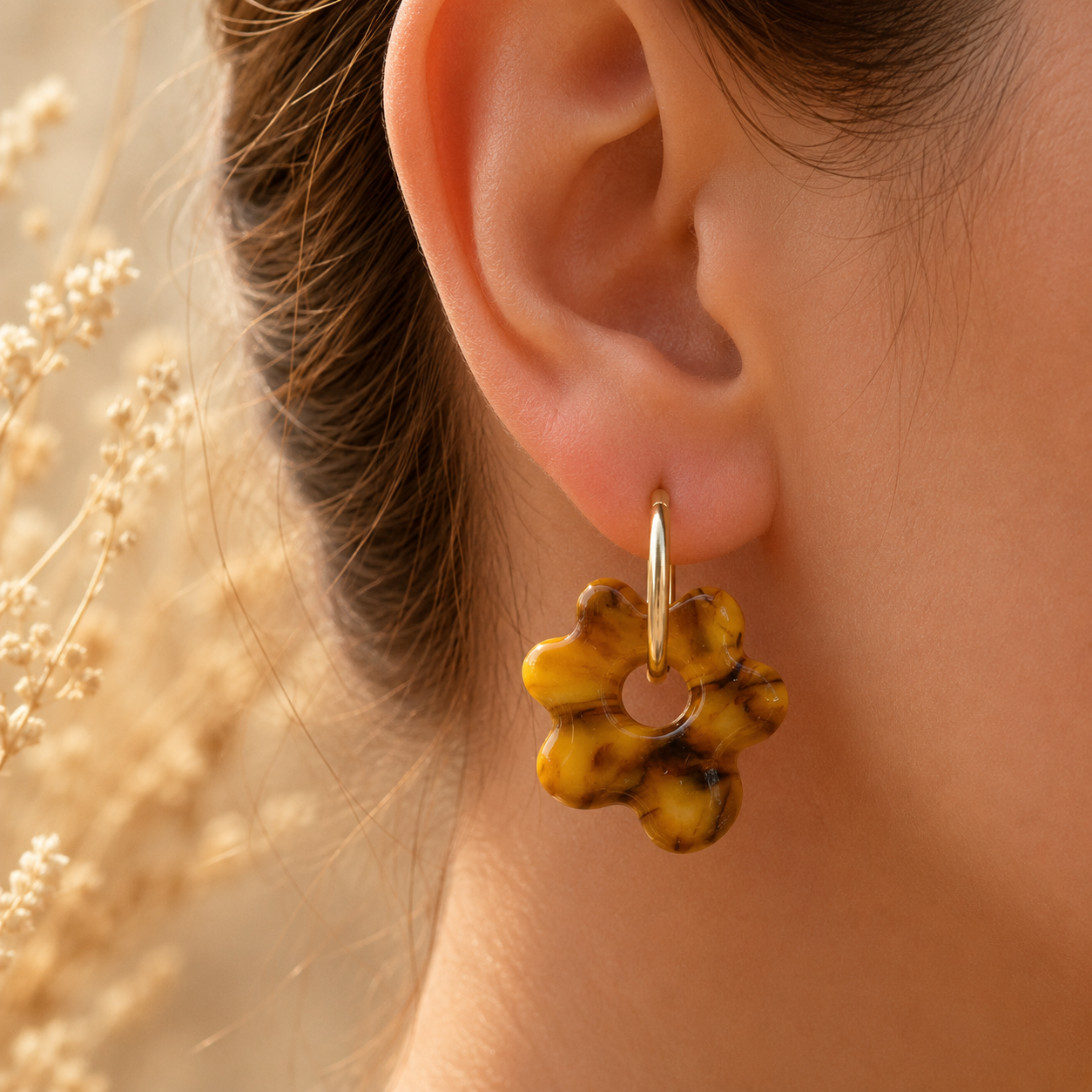 Pampilles florales marbrées orange en pâte polymère - fait main