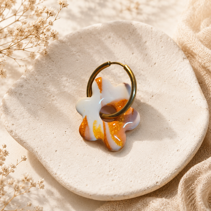 Pampilles fleurs vert anis/orange pailleté, et mauve marbré en argile polymère – Bijou bohème fait main – Cadeau femme