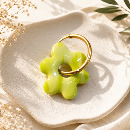 Pampilles fleurs vert anis/orange pailleté, et mauve marbré en argile polymère – Bijou bohème fait main – Cadeau femme