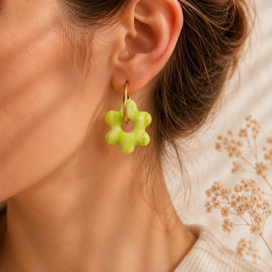 Pampilles fleurs vert anis/orange pailleté, et mauve marbré en argile polymère – Bijou bohème fait main – Cadeau femme