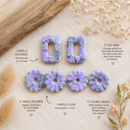 Pampilles artisanales en argile polymère – Forme rectangle et fleur – Marbré violet, gris et blanc – Pour créoles