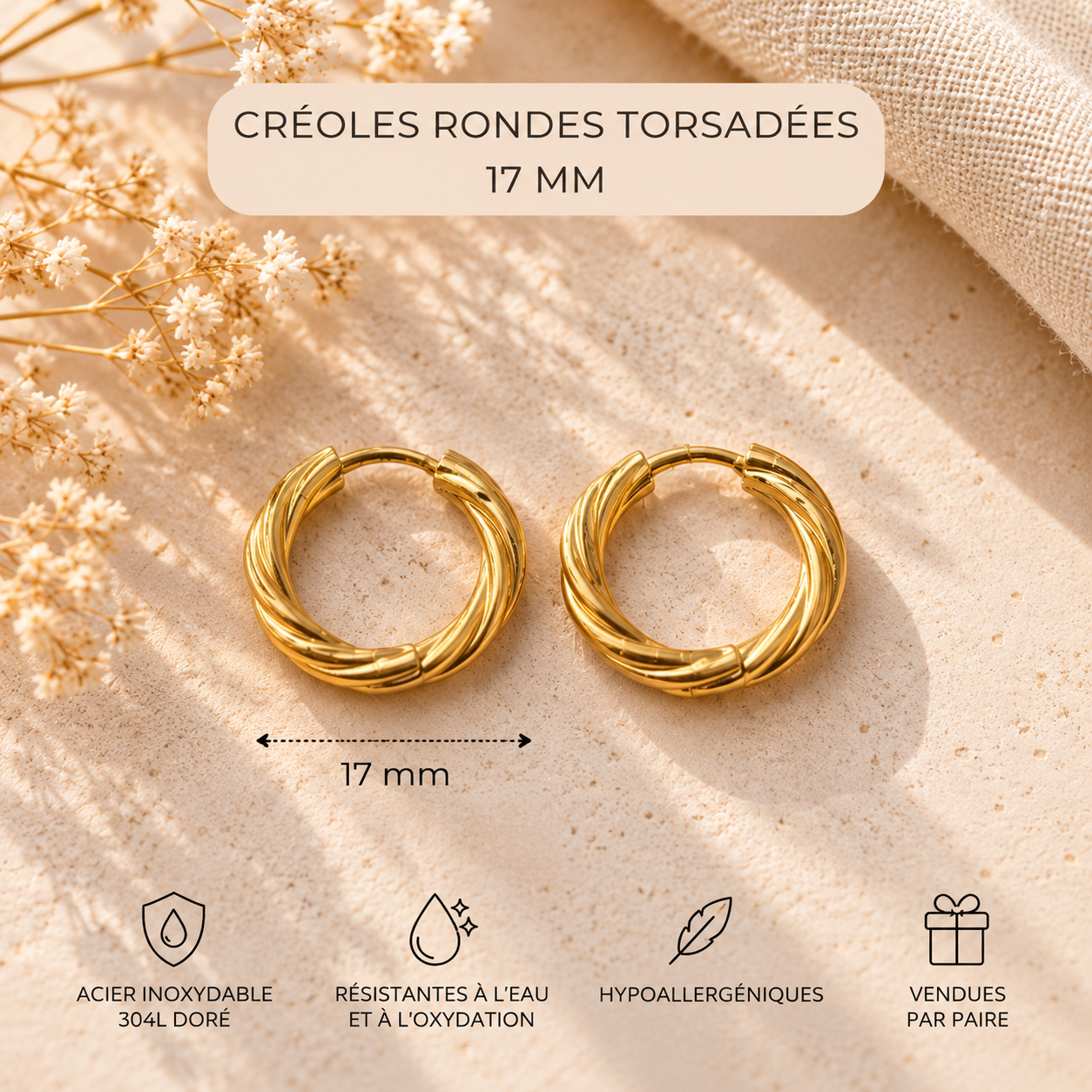 Créoles rondes dorées en acier inoxydable 304L – 22 mm ou torsadées 17 mm – Idéales pour pampilles interchangeables