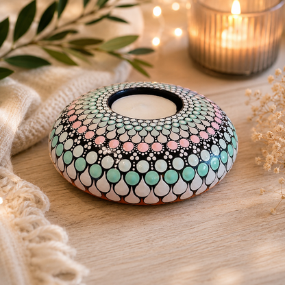 Bougeoir rond mandala pastel bleu, rose en pointillisme