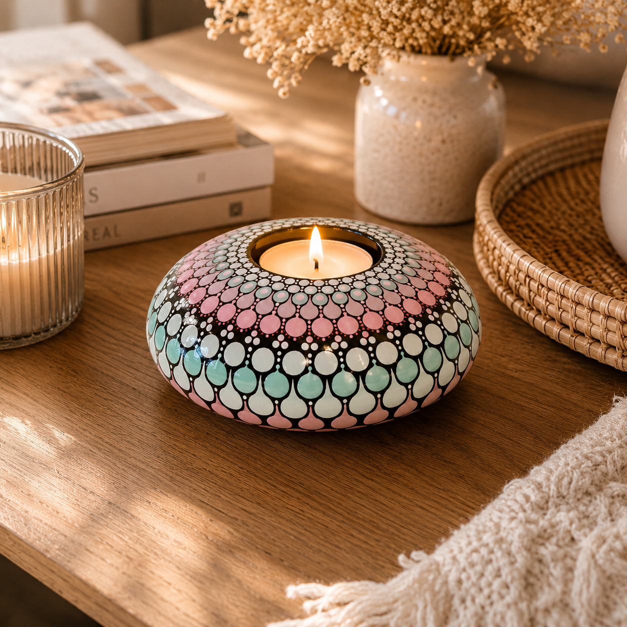 Bougeoir rond mandala pastel bleu, rose en pointillisme