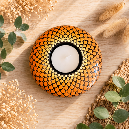 Bougeoir mandala orange et marron en pointillisme