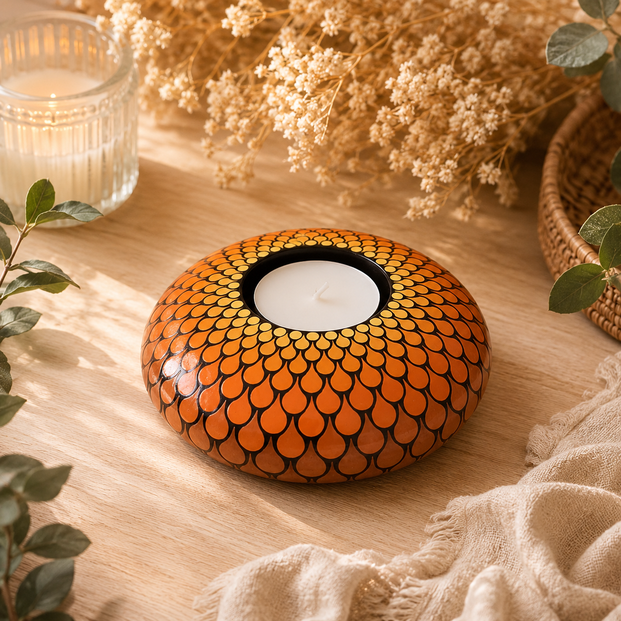 Bougeoir mandala orange et marron en pointillisme