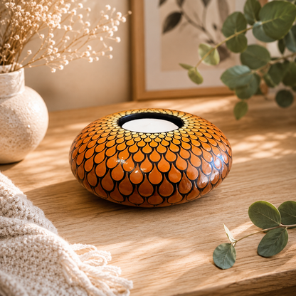 Bougeoir mandala orange et marron en pointillisme