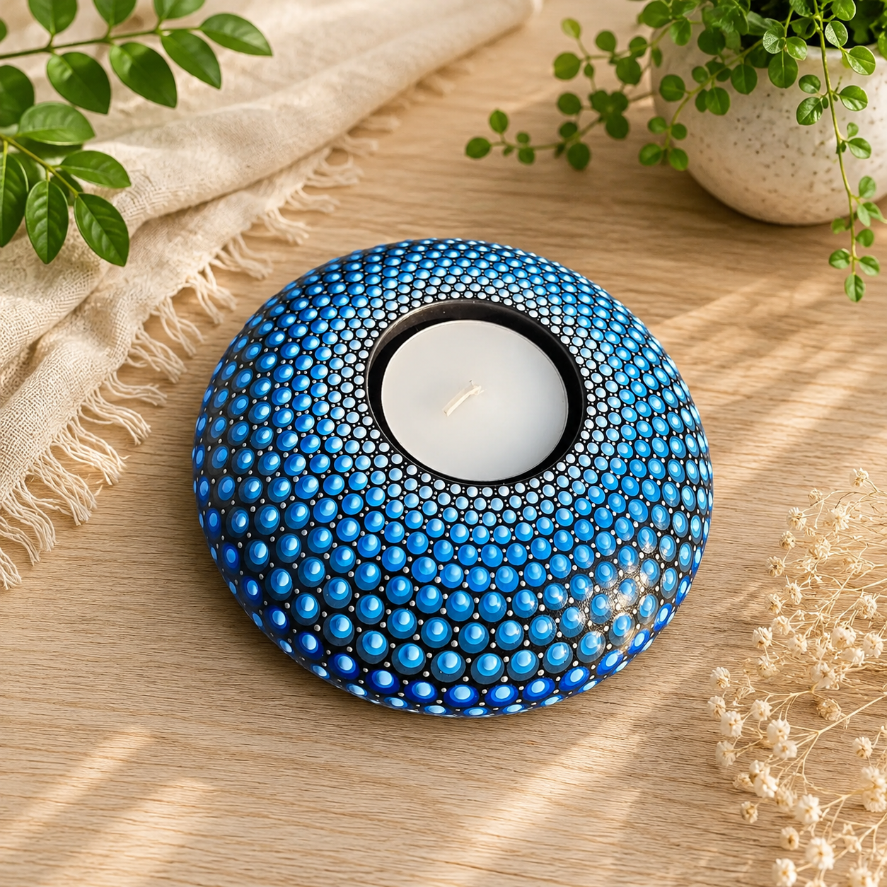 Bougeoir rond mandala bleu en pointillisme