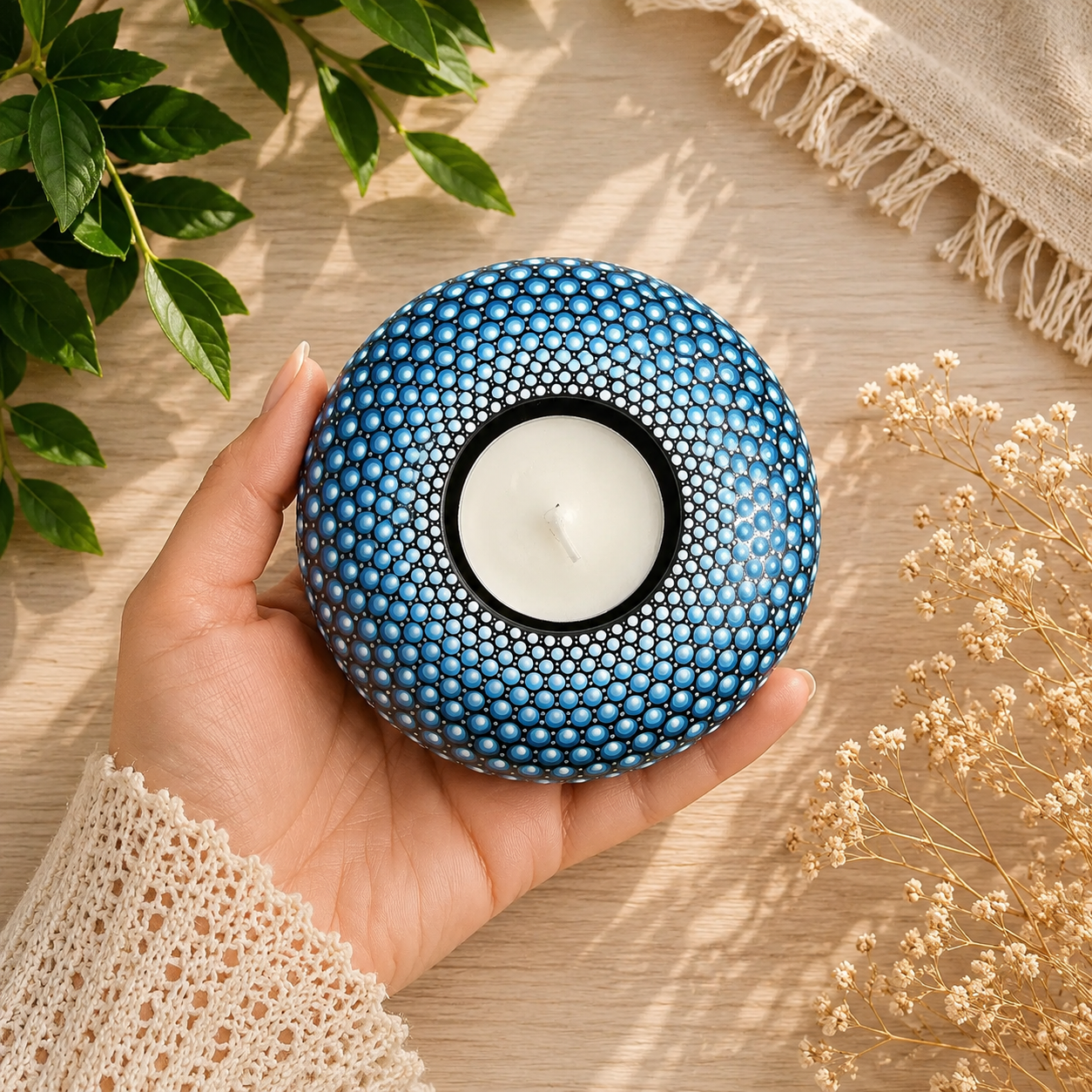Bougeoir rond mandala bleu en pointillisme