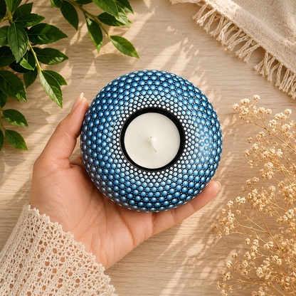 Bougeoir rond mandala bleu en pointillisme