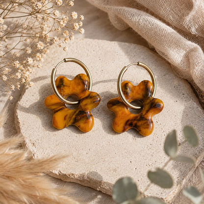Pampilles florales marbrées orange en pâte polymère - fait main