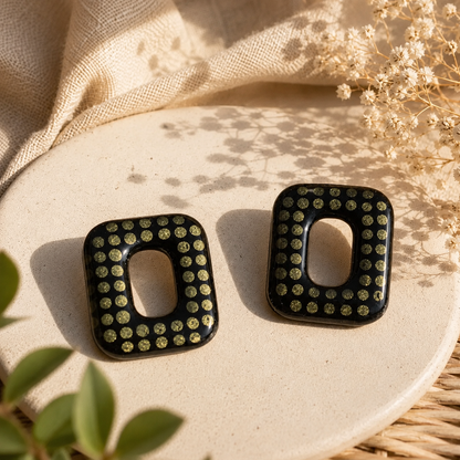 Pampilles en polymere rectangulaires noires pointillisme bronze