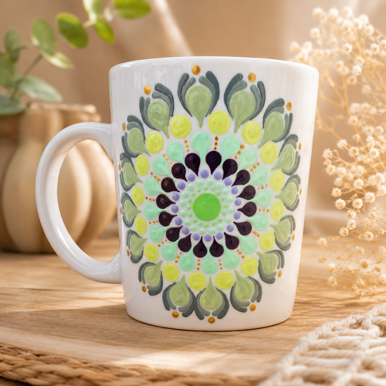 Mug blanc mandala Vert & Prune