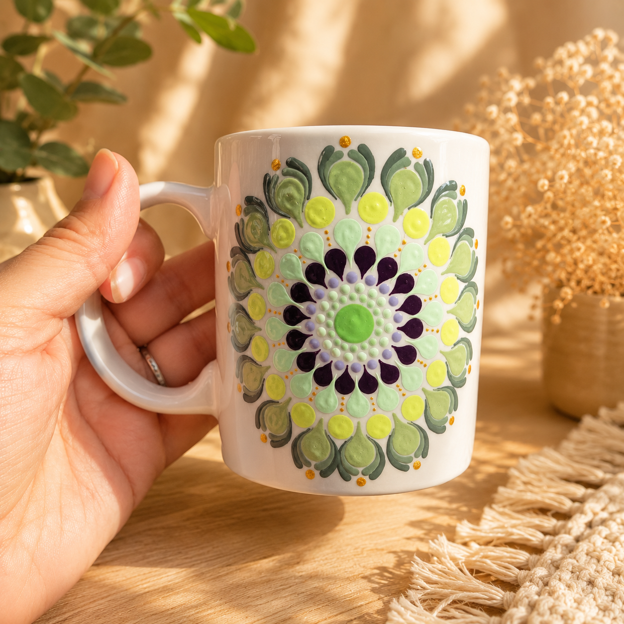 Mug blanc mandala Vert & Prune