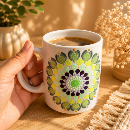 Mug blanc mandala Vert & Prune