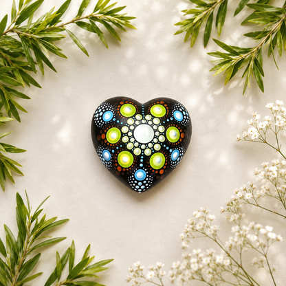 Petit coeur mandala en pointillisme vert et bleu, méditation ou décoration, pierre de relaxation