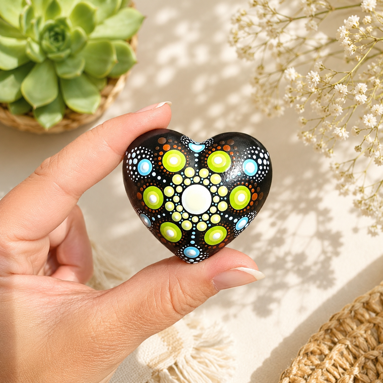 Petit coeur mandala en pointillisme vert et bleu, méditation ou décoration, pierre de relaxation
