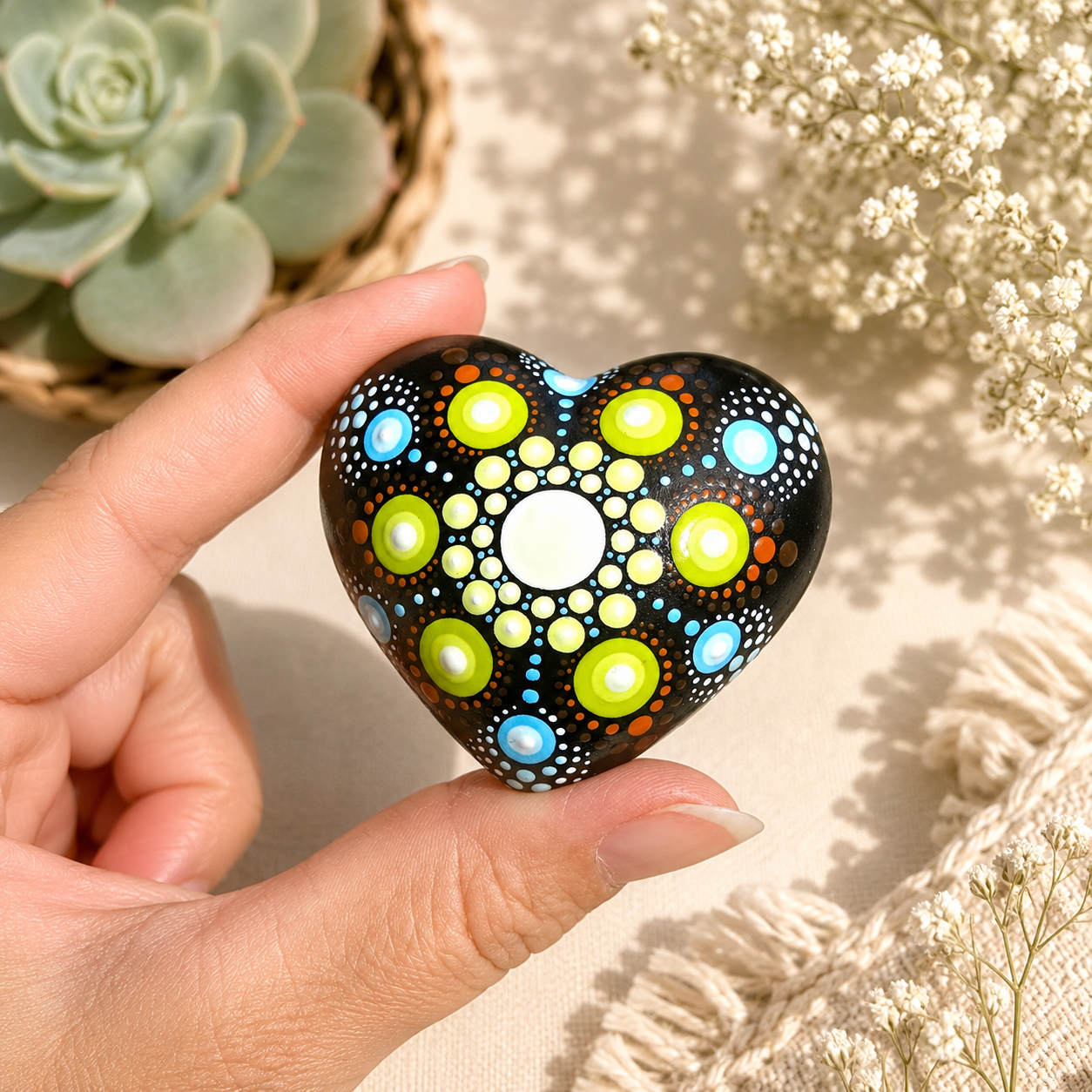Petit coeur mandala en pointillisme vert et bleu, méditation ou décoration, pierre de relaxation