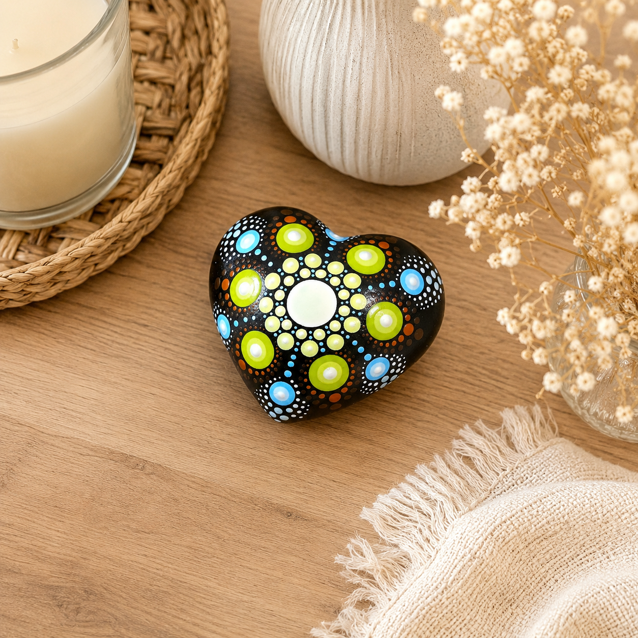Petit coeur mandala en pointillisme vert et bleu, méditation ou décoration, pierre de relaxation