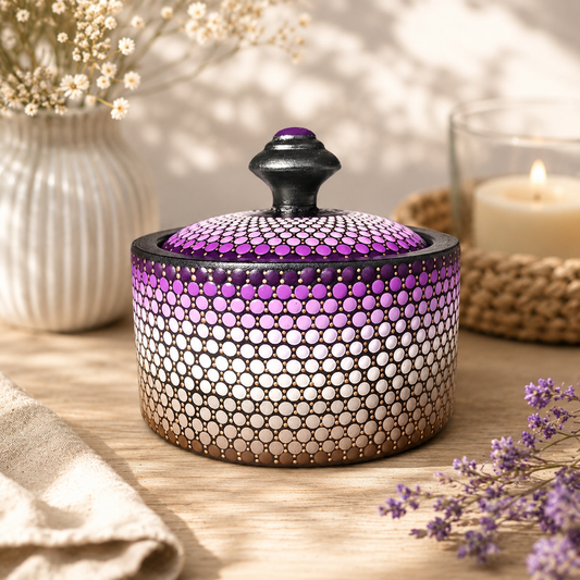 Boîte à bijoux en bois peinte à la main – Mandala en pointillisme dégradés de violet et taupe