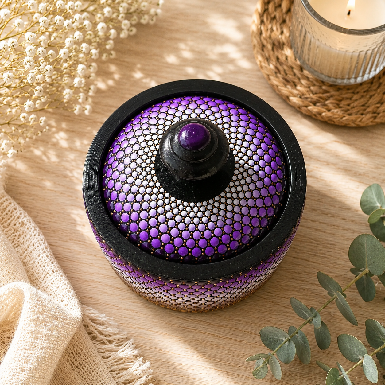 Boîte à bijoux en bois peinte à la main – Mandala en pointillisme dégradés de violet et taupe