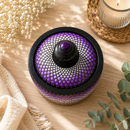 Boîte à bijoux en bois peinte à la main – Mandala en pointillisme dégradés de violet et taupe