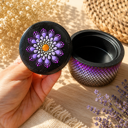 Boîte à bijoux en bois peinte à la main – Mandala en pointillisme dégradés de violet et taupe