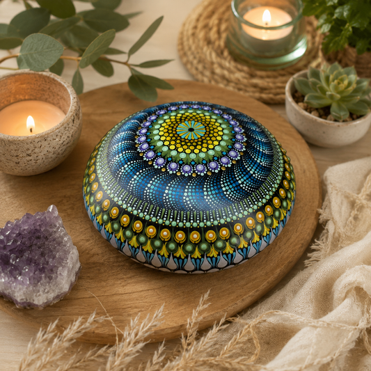 Pierre Mandala XXL peinte à la main – Art énergétique et décoration zen