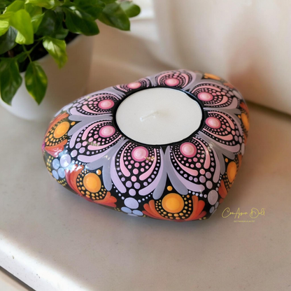 Bougeoir cœur mandala orange, rose et mauve – Peint à la main en plâtre résine